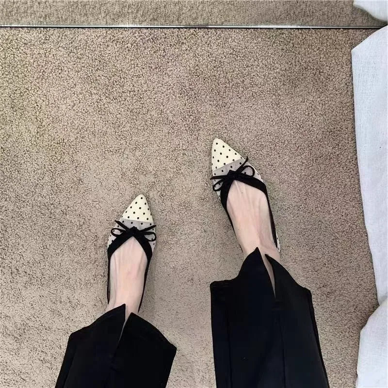 2026 Summer New Polka Dot Single Shoe Air Mesh Pointed Toe Butterfly Knot Soft Bottom Shallow Mouth Flat Heels Casual Women Shoe
