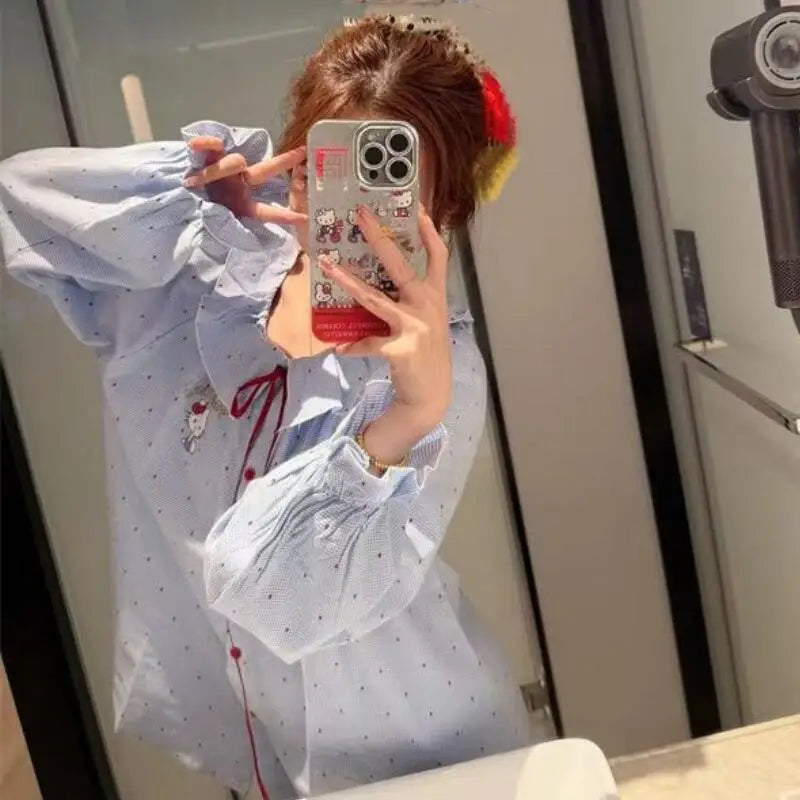Fashionable Cute Girl Doll Collar Pajamas Cartoon Anime Student Lace Long Sleeved Pant Home Clothe Two-Piece Set Sweat Absorbing
