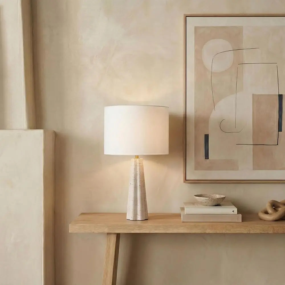 25-inch Travertine/White Table Lamp with LED Bulb for Bedroom, Living Room, Home Office, or Desk Nightstand