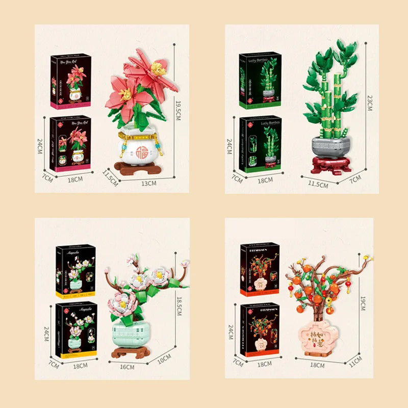 Simulated Persimmon/Flower/Bamboo Model Building Blocks Chinese-style Potted Plant Assembled Room Decoration DIY Mini Bricks Toy