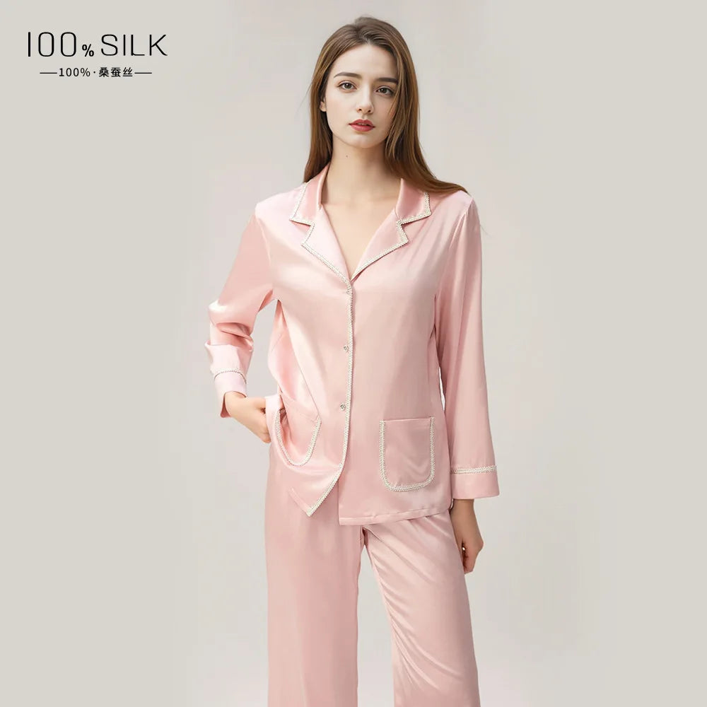 Spring Summer New Women's Heavyweight Mulberry Silk Pajamas Set - Luxury Soft Sleepwear Loungewear Outfit for Comfortable Nightw