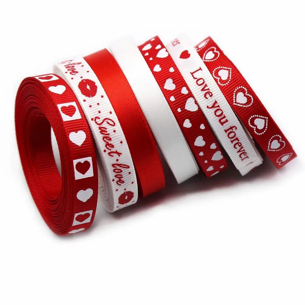 5 Yards Red Love Printed Ribbon Single-Sided Handmade Ribbon Heart Print Ribbon Polyester Gift Wrap Rope Valentine's Day