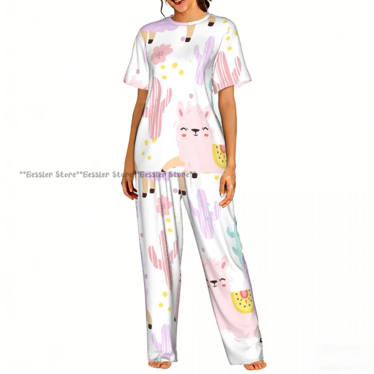 Women Pajama Sets Lounge Sleepwear Fun Llamas Cacti Mountains Garlands Short Sleeve Nightwear