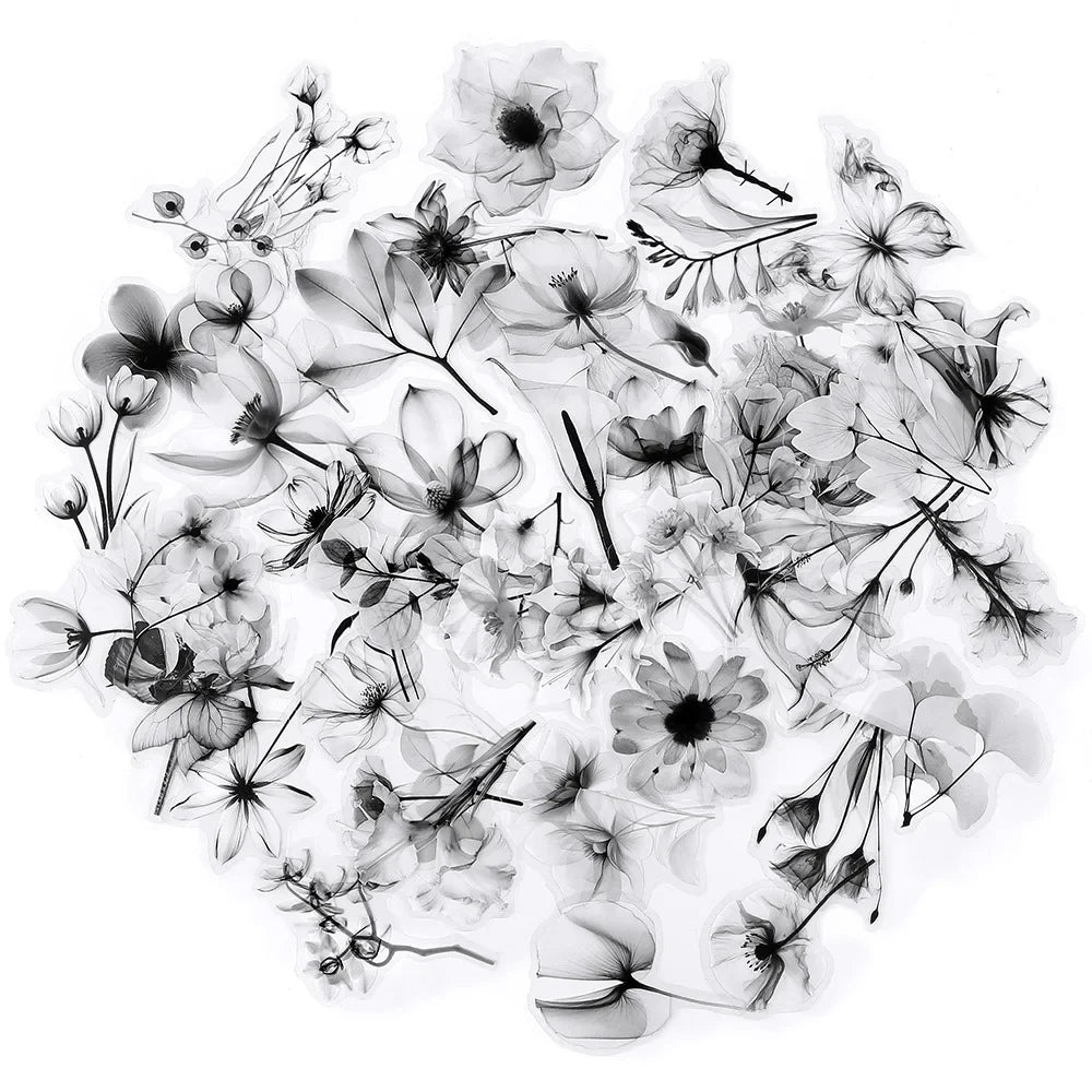 50PCS Black and White Transparent Flowers Graffiti Sticker Flowers Cartoon PET Decal Cup Notebook Phone Guitar Fridge Kid Toys