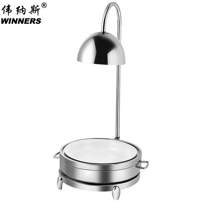 Luxury Silver 304 Stainless Steel Buffet Food Heat Preserving Lamp Food Warmer Set with Ceramic Food Basin for Wedding