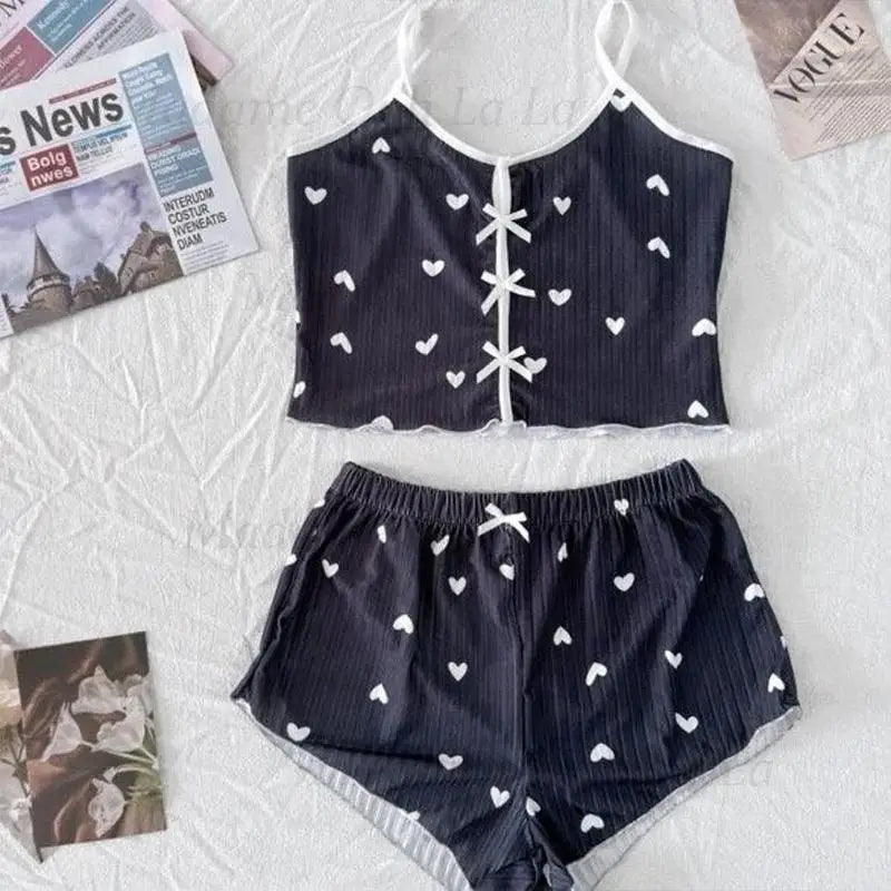 Sexy Heart Print Pajama Set for Women Sleepwear Silk Stain V-Neck Sleeveless Casual Cami Top and Shorts Sets Loungewear