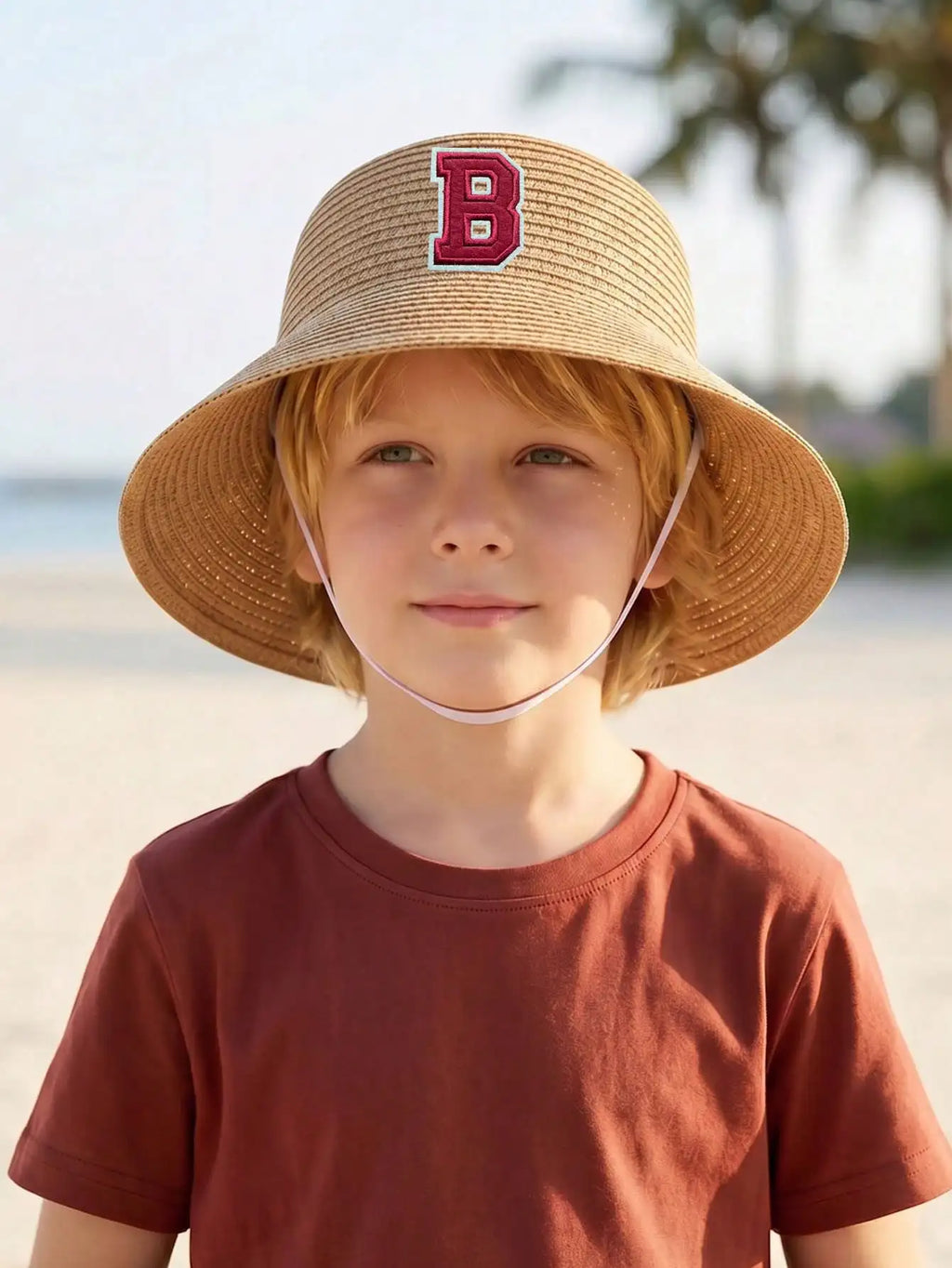 1Pc 3-8Y Boys Coffee Bow Straw Hat Woven Sun Hat Breathable Outdoor Beach Summer Shade Cap for Kids Daily Play Travel