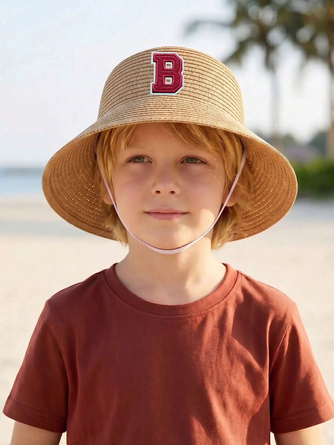 1Pc 3-8Y Boys Coffee Bow Straw Hat Woven Sun Hat Breathable Outdoor Beach Summer Shade Cap for Kids Daily Play Travel