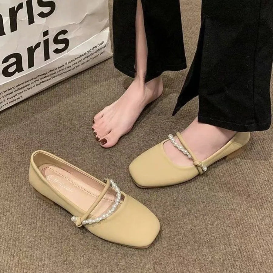 New Elegant French Flat Shoes Pearl Shallow Mouth Soft Leather Ladies Flats Comfortable Anti Slip Low Heel Women's Casual Shoes