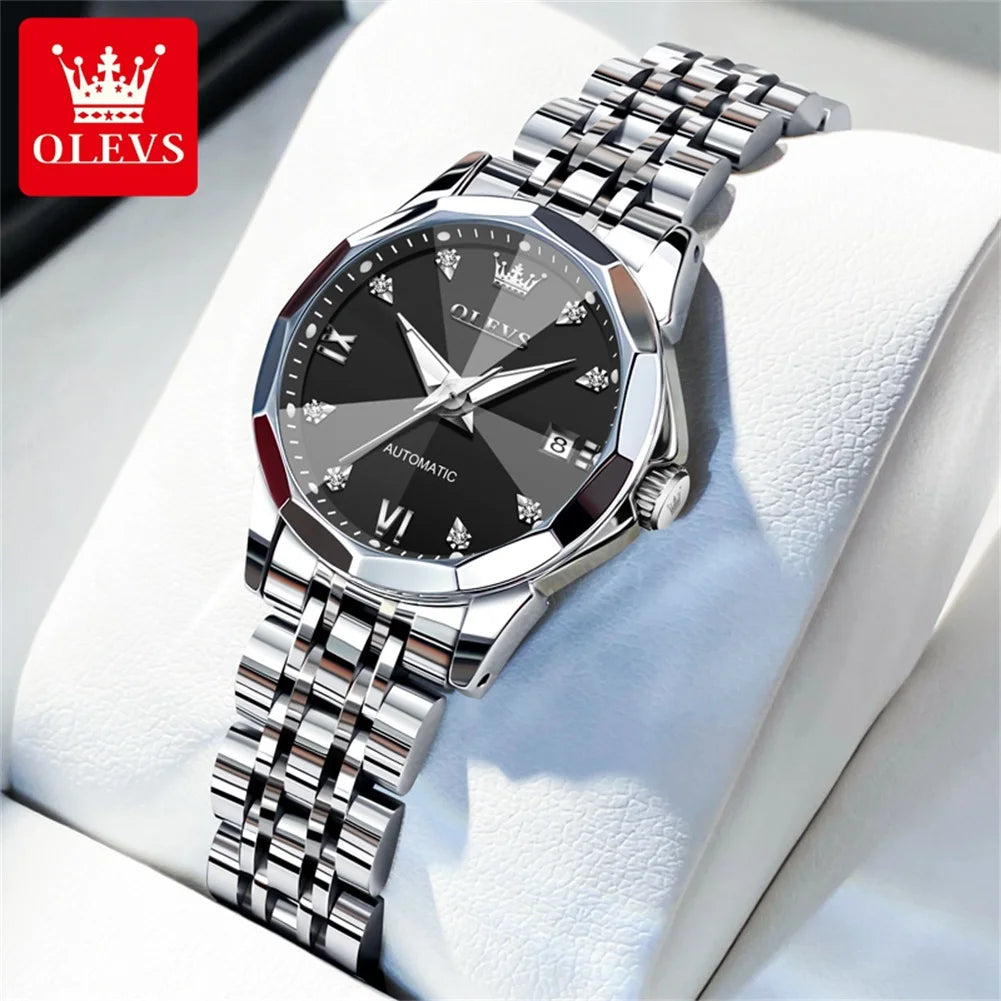 OLEVS Women's Watches Trend Elegant Sparkling Shining Diamond Scale Original Automatic Mechanical Wristwatch for Lady Waterproof