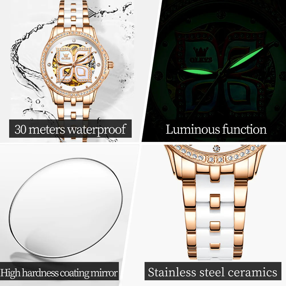 OLEVS 6612 Fashion Women's Watches Lucky Four-Leaf Clover Dial Original Brand Automatic Mechanical Wristwatch Ceramics Strap