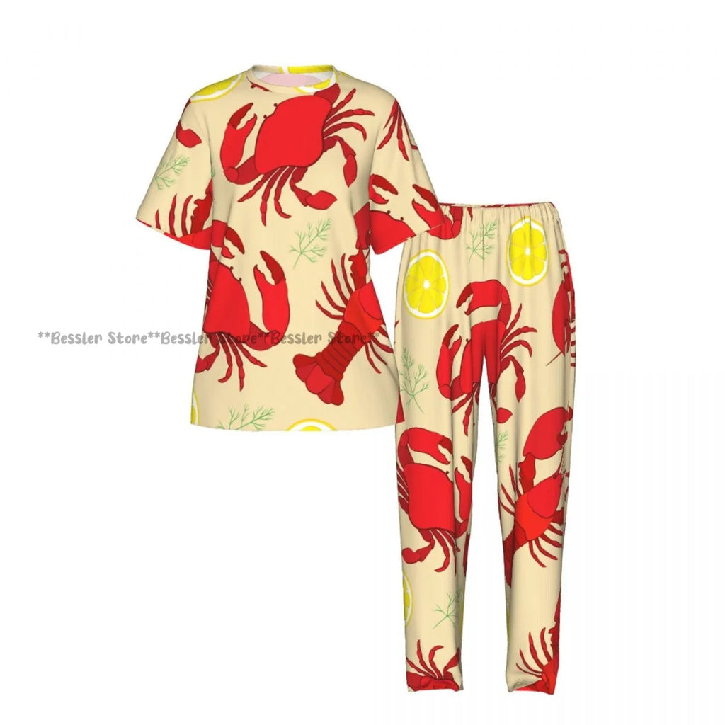Women's 2-piece set Lobster And Crab With Lemon And Dill Pajamas Short sleeved Top and Pants Sleepwear