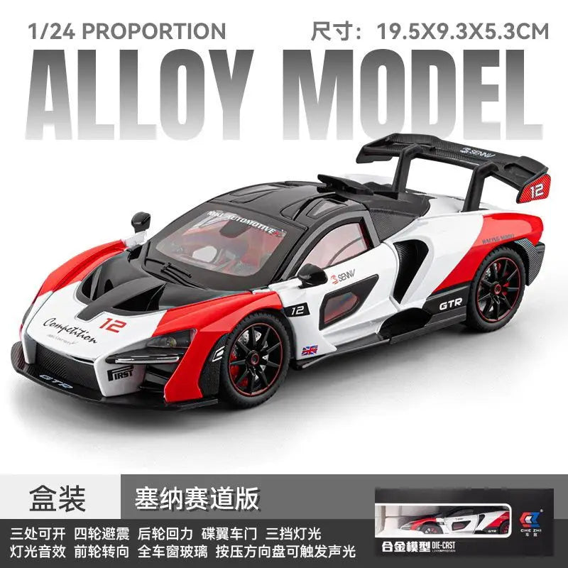 1:24 McLaren GTR Diecast Alloy Supercar Model 3 openable Parts Sound Light Pull Back for Car Collectors Hobby Display