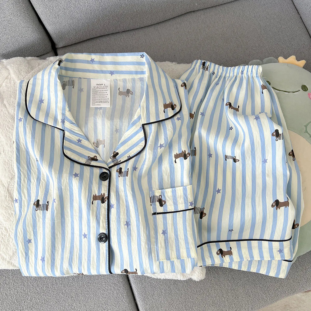 Women's Summer Pajamas, Thin Striped Puppy Pattern Short-Sleeved Shorts, Sweet and Cute, Can Be Worn Outside in Summer Home Wear