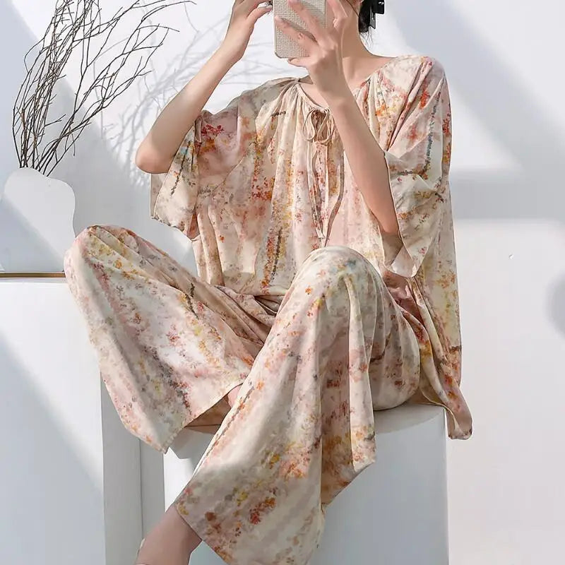 Hot 2026 Spring Summer New Women Cool Comfort Sleepwear Set Fashion Printed Loose Wide Leg Pants Large Home Clothes Two Pieceset
