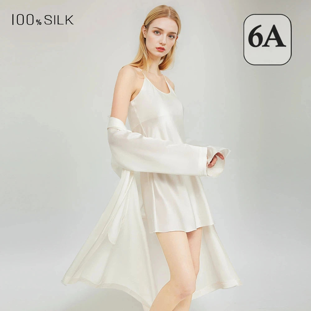 Women Elegant 100% Mulberry Silk Nightdress Robe 2 Piece Set All Season Luxury Gift Loungewear