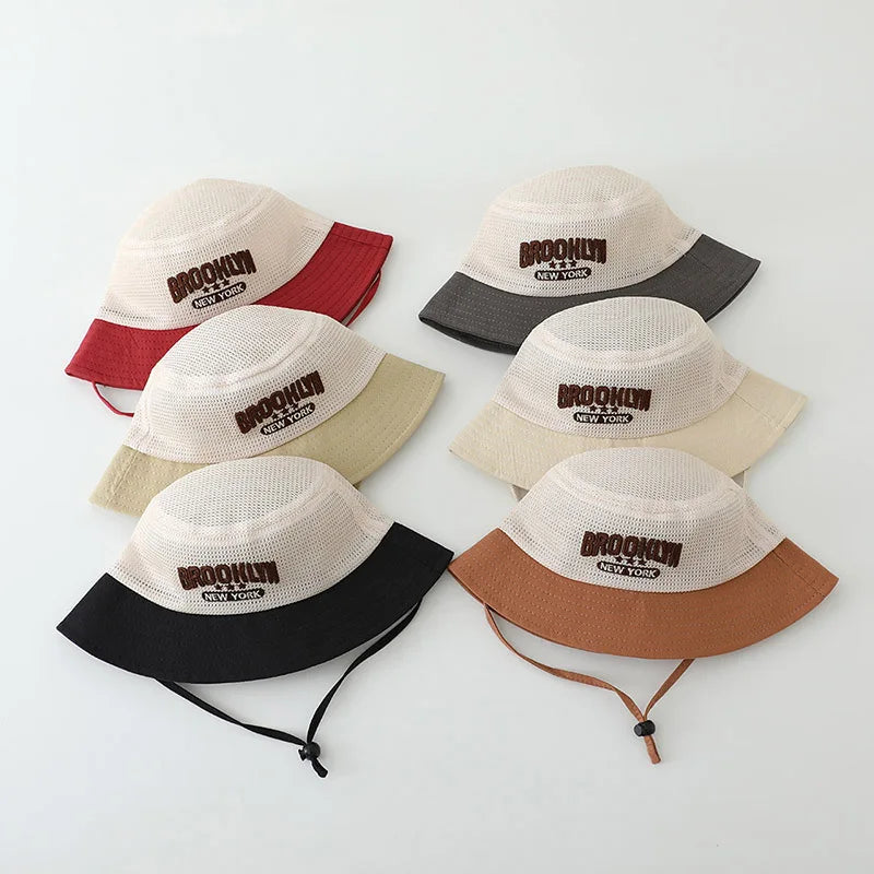 Letter Embroidered Baby Sun Hat Summer Mesh Breathable Boys Girls Fisherman Cap Fashion Patchwork Kids Panama Bucket Hats