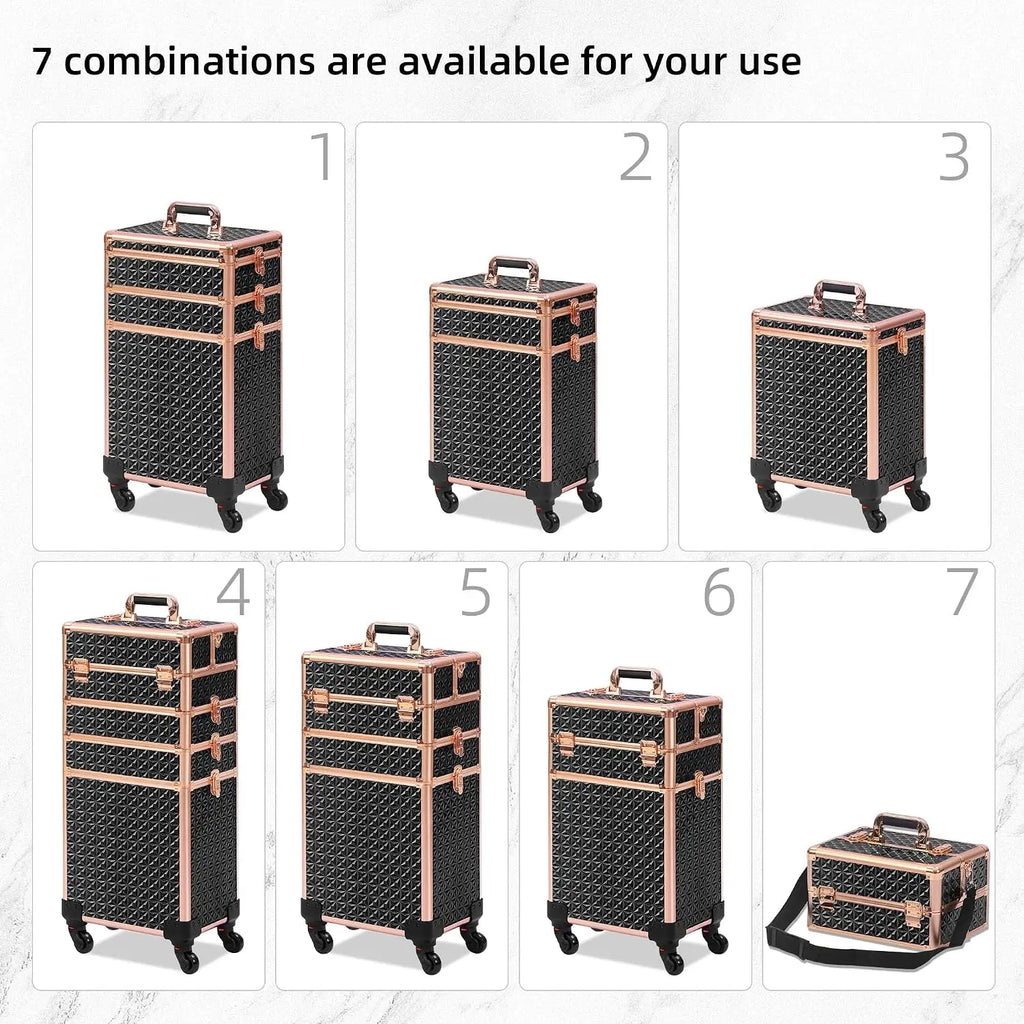 Rolling Makeup Case Makeup Train Case With Lid 5 In 1 Cosmetology Case On Wheels Large Makeup Organizers Professional Cosmetic Case For Salon Barber Black Gold