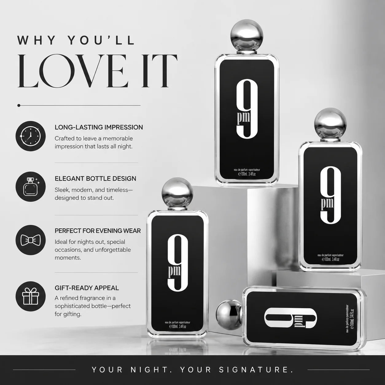 Afnan 9 PM Men Eau De Parfum Transparent Square Bottle Silver Round Cap Luxury Arabian Woody Scent Long Lasting Fragrance 100ml Mens Cologne Perfume Gift Set For Male