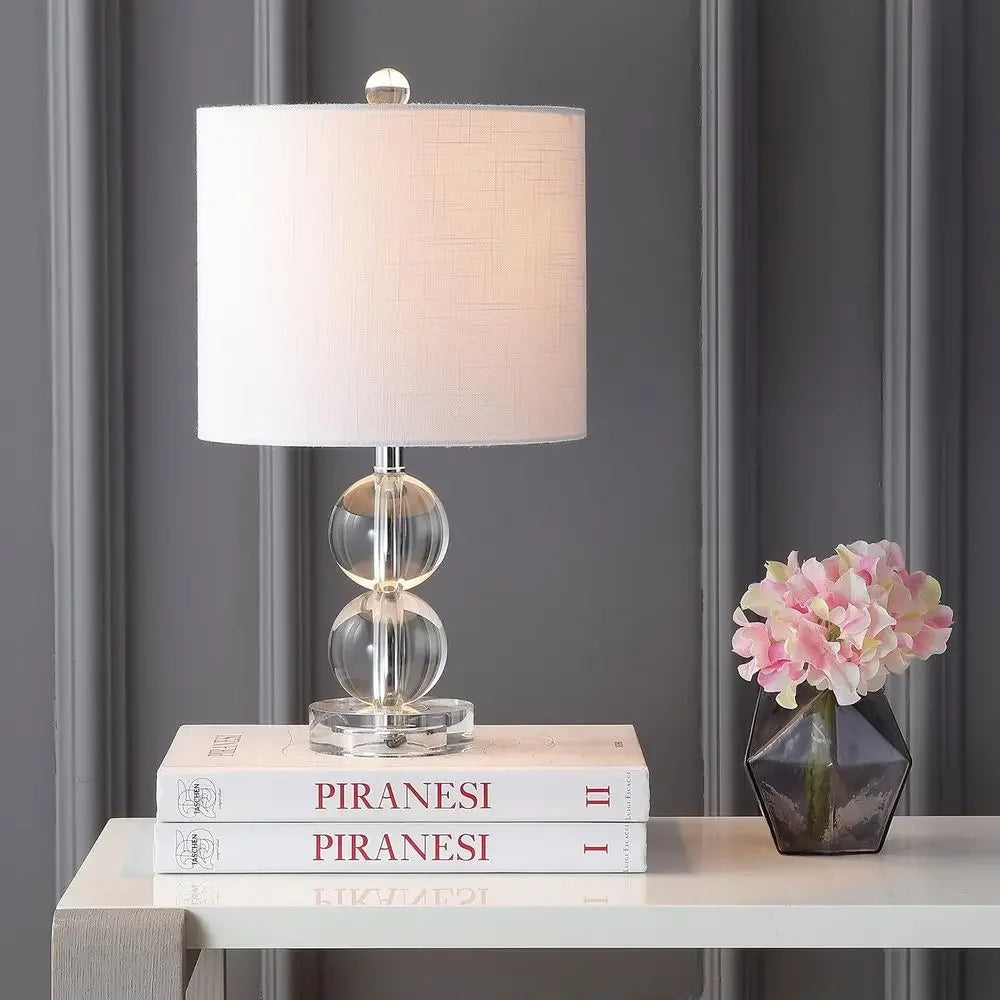 17.5 Clear Crystal Sphere Table Lamp with White Linen Drum Shade, Chrome Finish, LED Bulb Included
