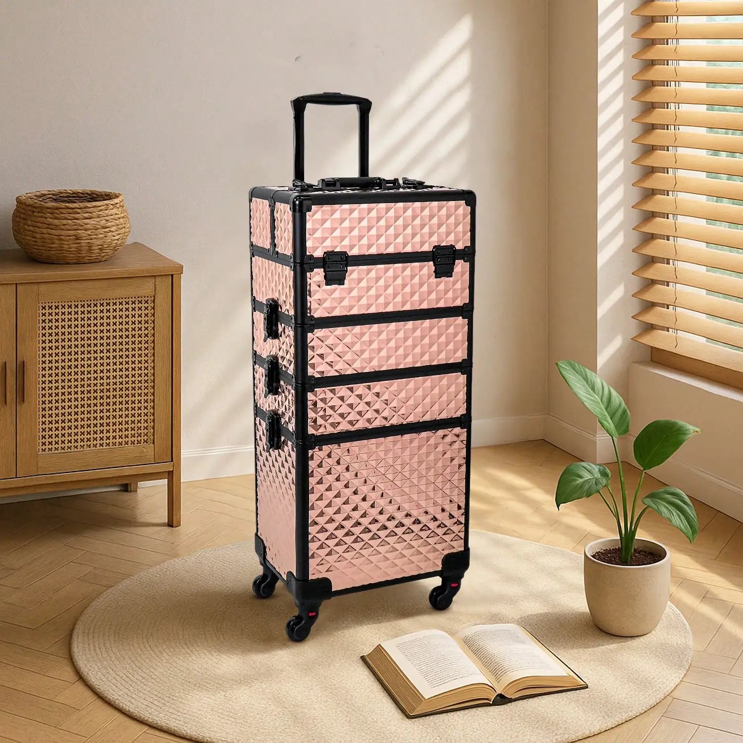 Rolling Makeup Train Case 4 in 1 Cosmetology Case on Wheels, Large Storage Cosmetic Trolley with Key Lock, Professional Makeup Travel Organizer for Salon Barber Nail Tech, Black
