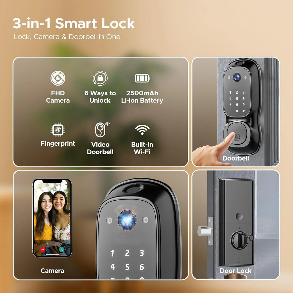 Tuya Wifi Smart Door Lock ‎Camera & Doorbell Multi-Function Fingerprint Lock 5-in-1 Digital Electronic App Control Smart Lock