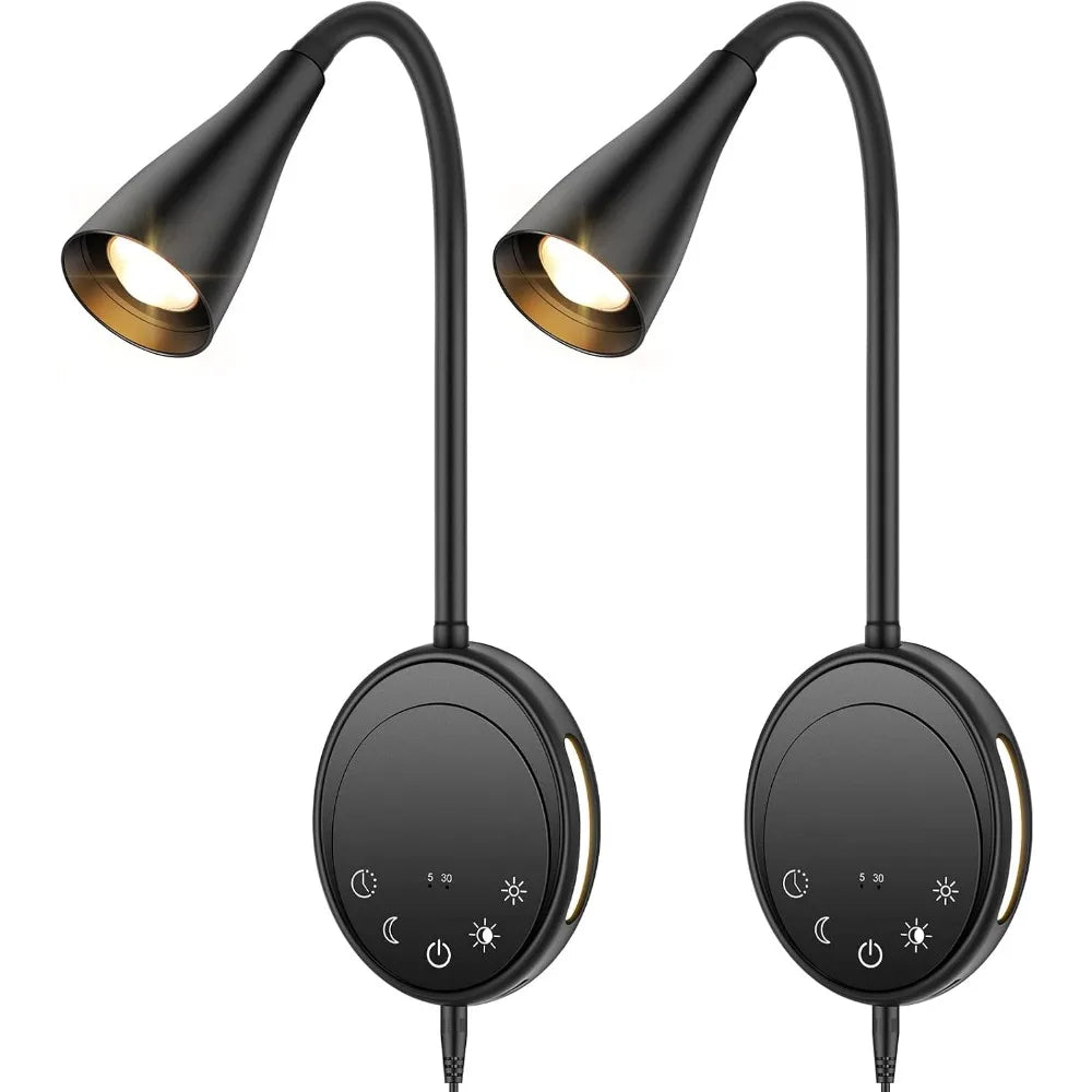 LED Wall Mount Reading Light, Touch Control, Dimmable, USB Output, Night Light & Timers, Flexible Gooseneck Bedside Light