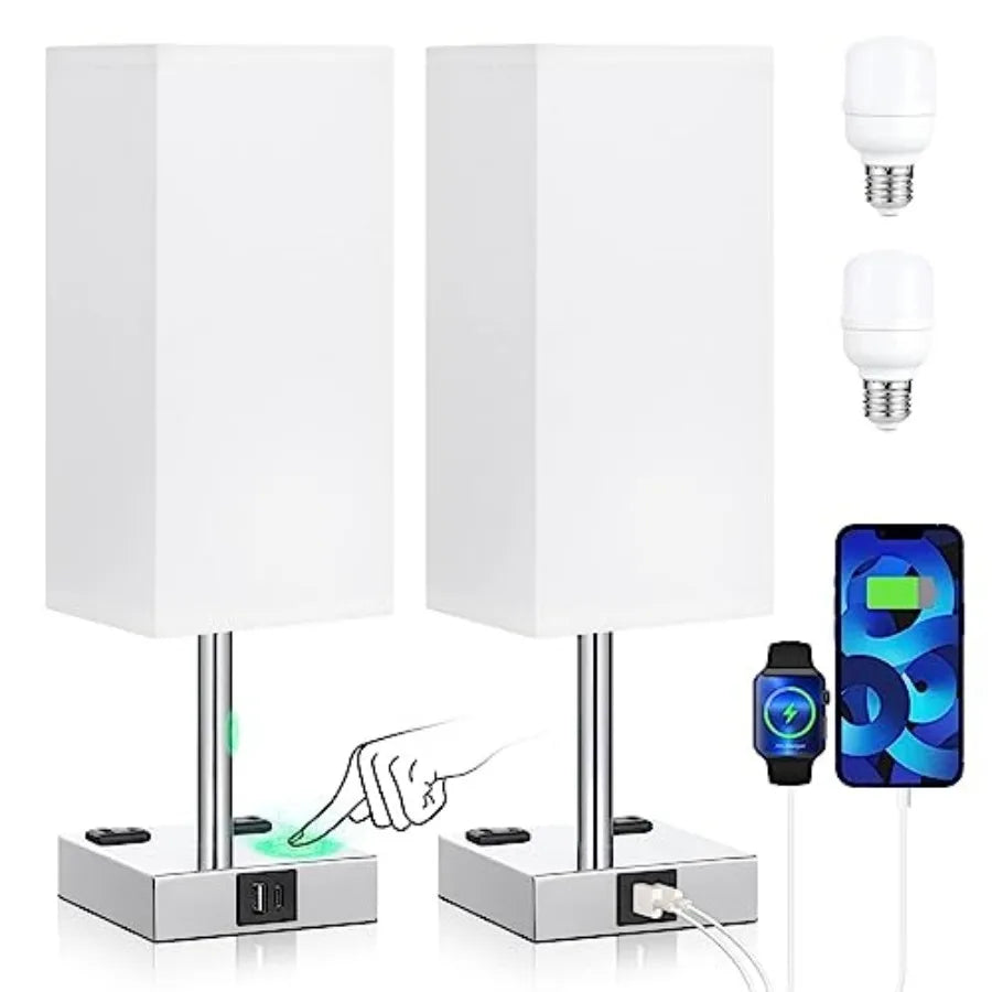 Touch Table Lamps Set of 2 for Bedroom - Dimmable, USB C+A, 2 AC Outlets 3-Way Dimming, 3000K LED Bulbs Included, Square White
