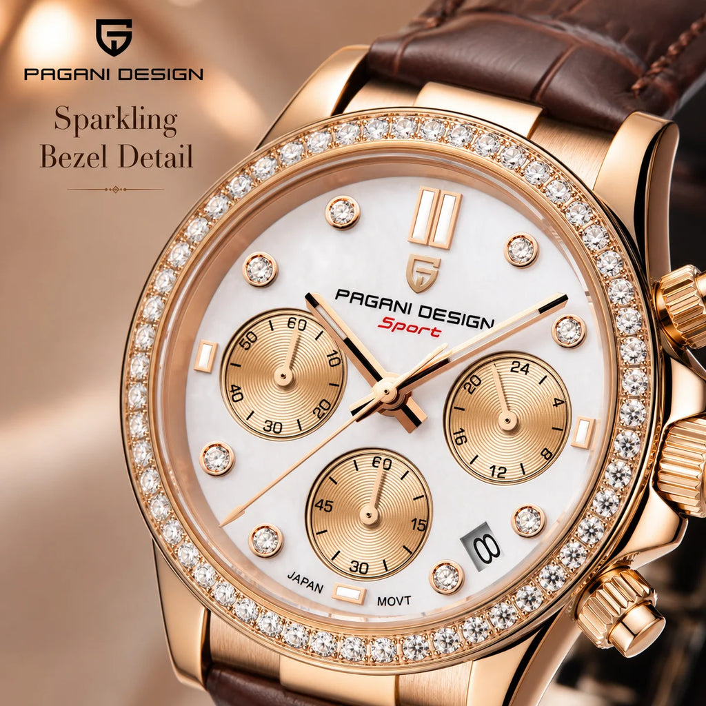 PAGANI DESIGN Women's Chronograph Quartz Watch Rose Gold Luxury Sapphire Stainless Steel Sport Elegant Women's Watch+Gift Box