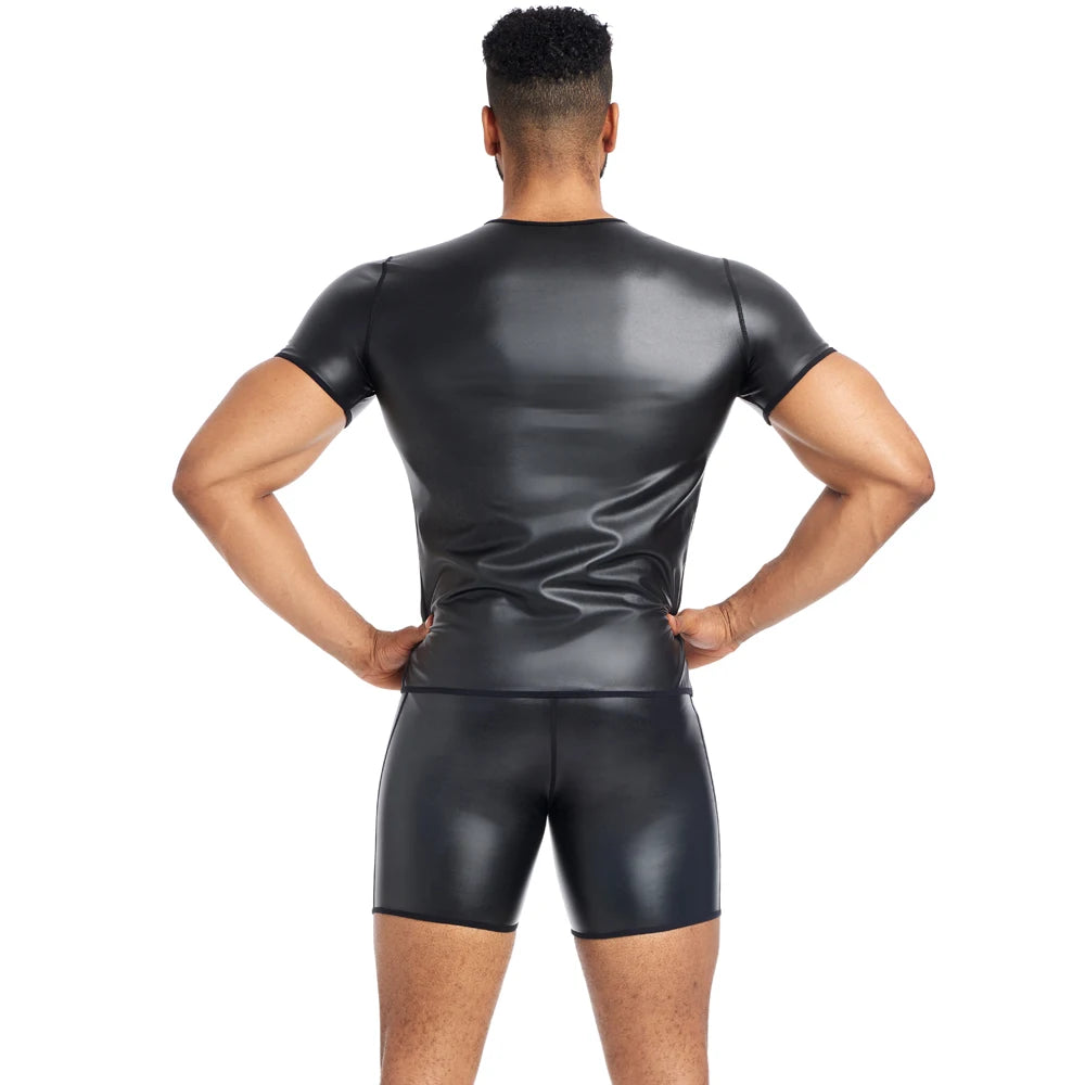 Leather Shirts for Young Men -High-end Short Sleeved Round neck Coat for Men- Motorcycle Style Shaper-Cool Male Trendy Shapewear