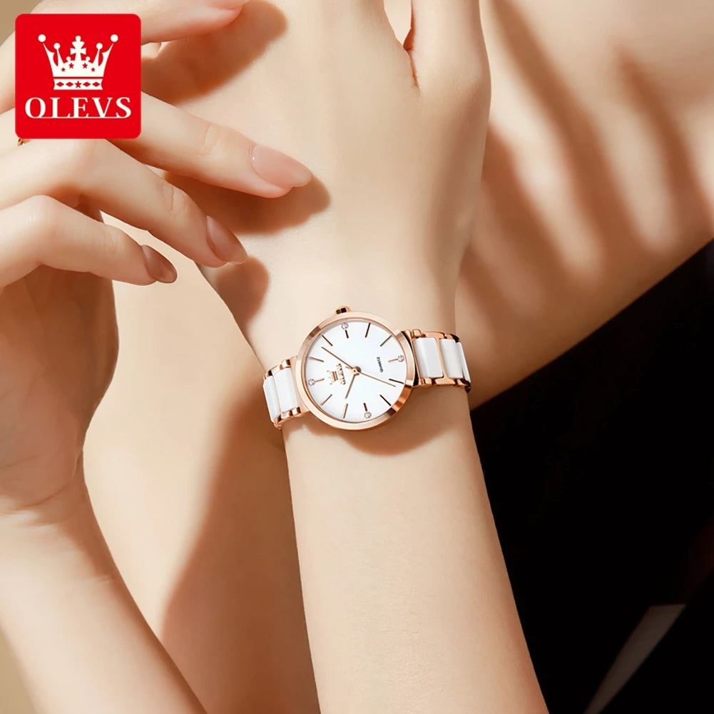 OLEVS Women Watch 5877 Luxury Elegant Quartz Watch Waterproof Luminous Ceramic Strap Ladies Watch Bracelet Set Gift Box Reloj