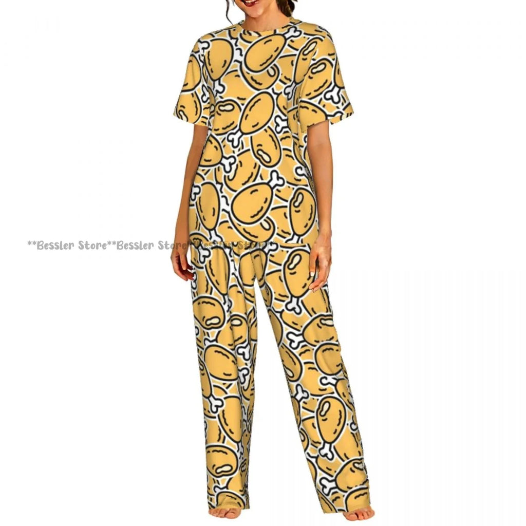 Women's 2-piece set Cartoon Chicken Pattern Pajamas Short sleeved Top and Pants Sleepwear