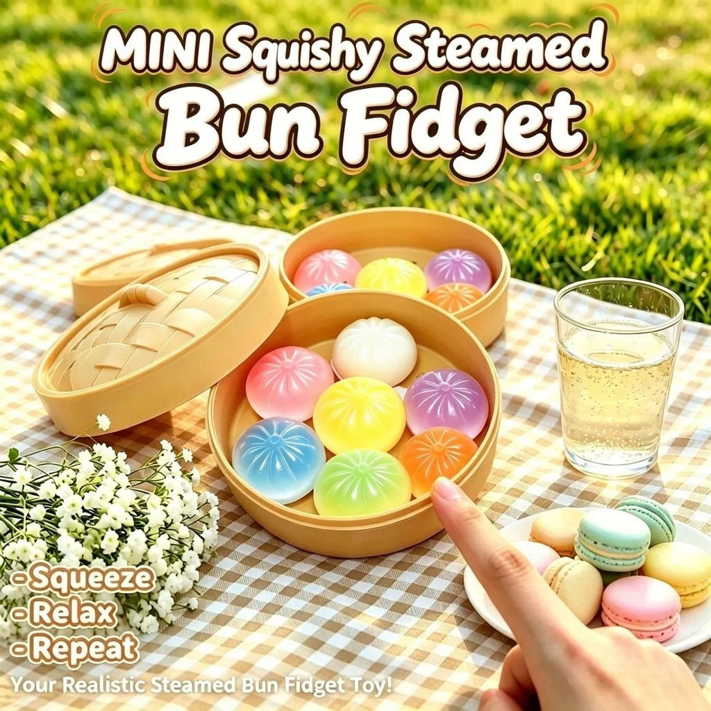 7PC Mini Dumplings with Steamer un Squeezable Toys Set Fidget Sensory Squeeze Ball Simulation Food Bun Kawaii Cute Soft Gift