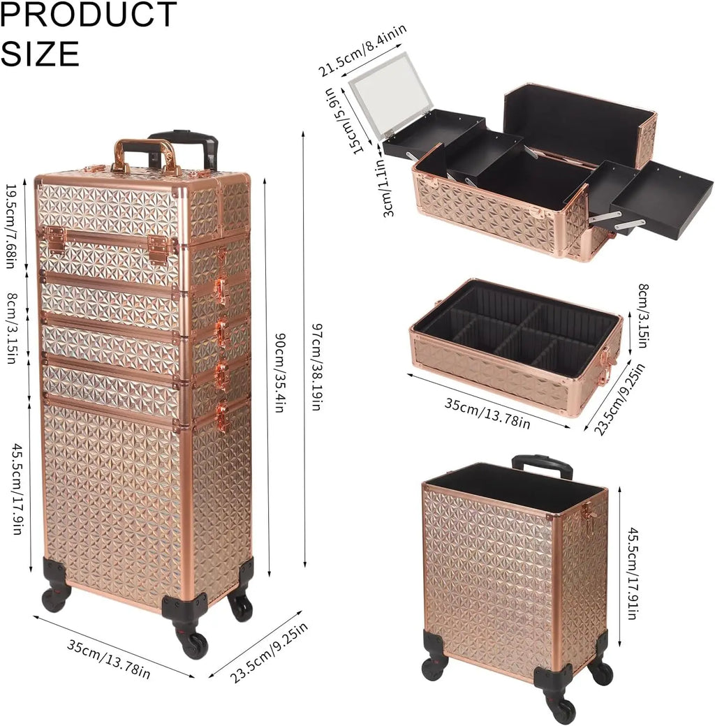 Professional Rolling Makeup Train Case Large Cosmetic Organizer With Mirror And Security Lock, Multi Layer Detachable Travel Storage Box For Cosmetologists Hairstylists And Nail Artists, Gold Holographic