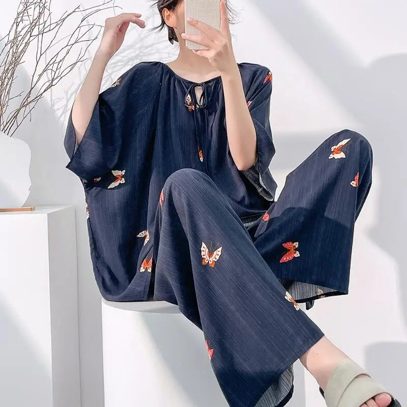 Hot 2026 Spring Summer New Women Cool Comfort Sleepwear Set Fashion Printed Loose Wide Leg Pants Large Home Clothes Two Pieceset