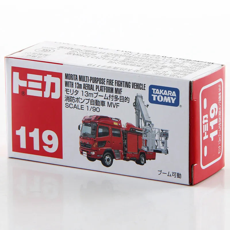 Original TAKARA TOMY Tomica No.119 Morita Multi-Purpose Fire Fighting Vehicle 1/90 Scale Diecast Alloy Model with Working Boom C