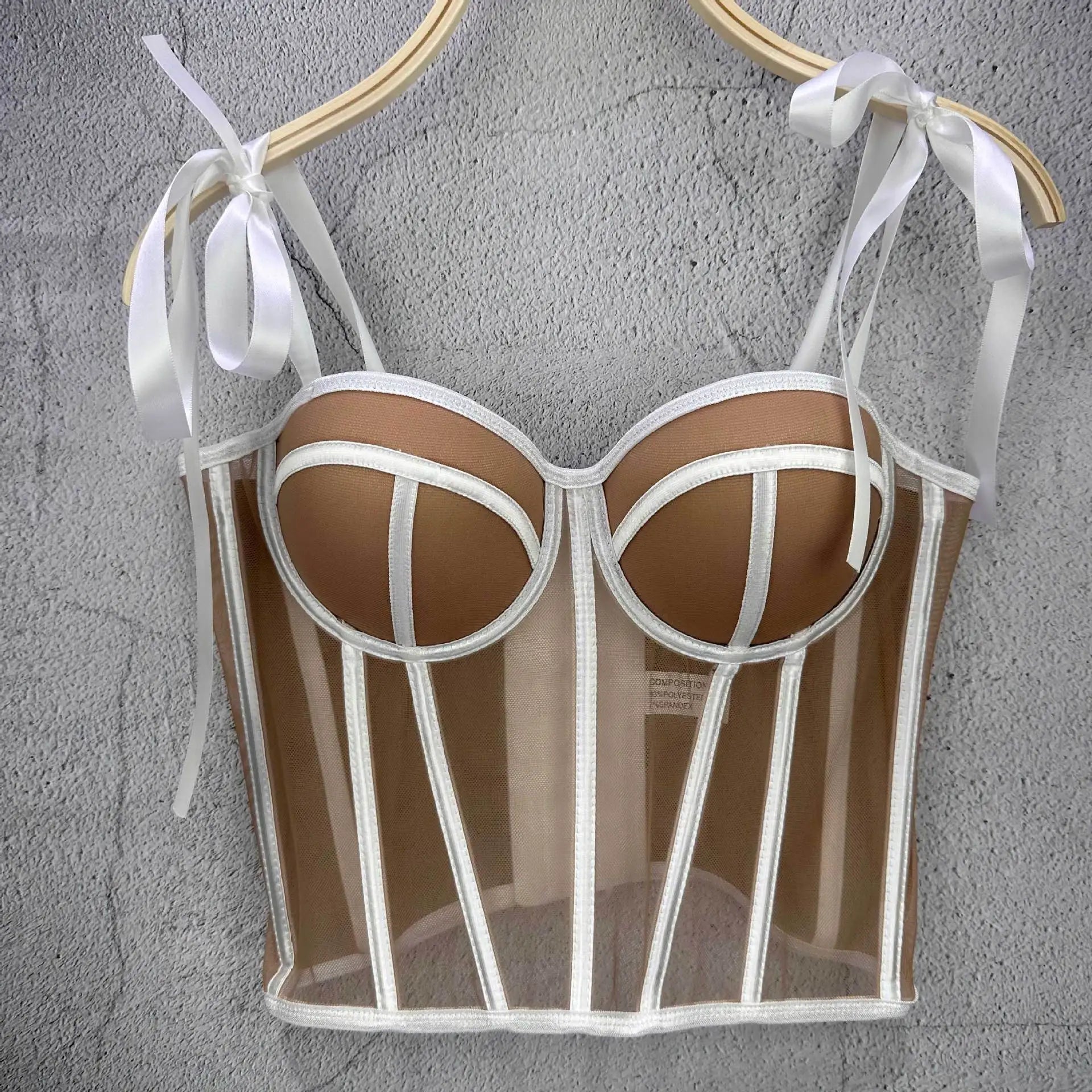 Mesh Transparent Contrasting Lines Women Bustie Sexy Bow Ribbon Ladies Corset Multi Colors Party Blackless Cropped Top Tank Top