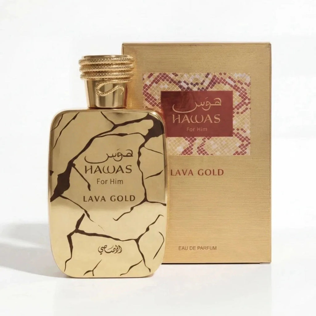 Hawas Lava Gold by Rasasi 100ml Men’s EDP Oriental Woody Perfume, Pineapple Apple & Oud Scent