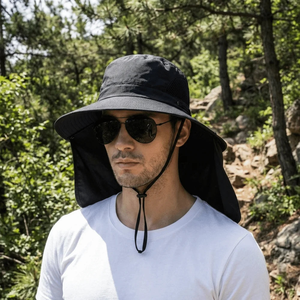 Removable Cloth Men Sun Hat Big Brim Neck Protection Women Visor Cap With Lanyard Sunscreen Summer Bucket Hat Women
