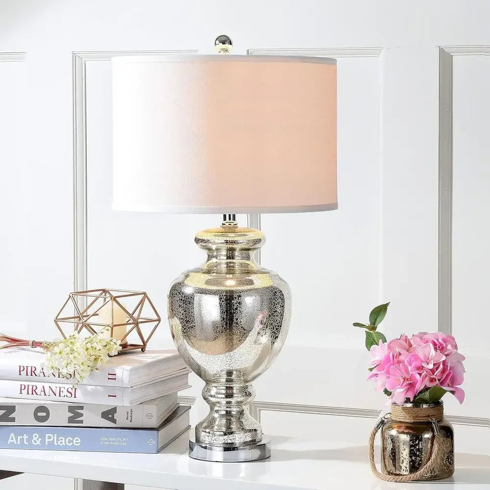 Mercury Silver Crackle Glass 28-inch Table Lamp with LED Bulbs for Bedroom, Living Room, Home Office, and Nightstand