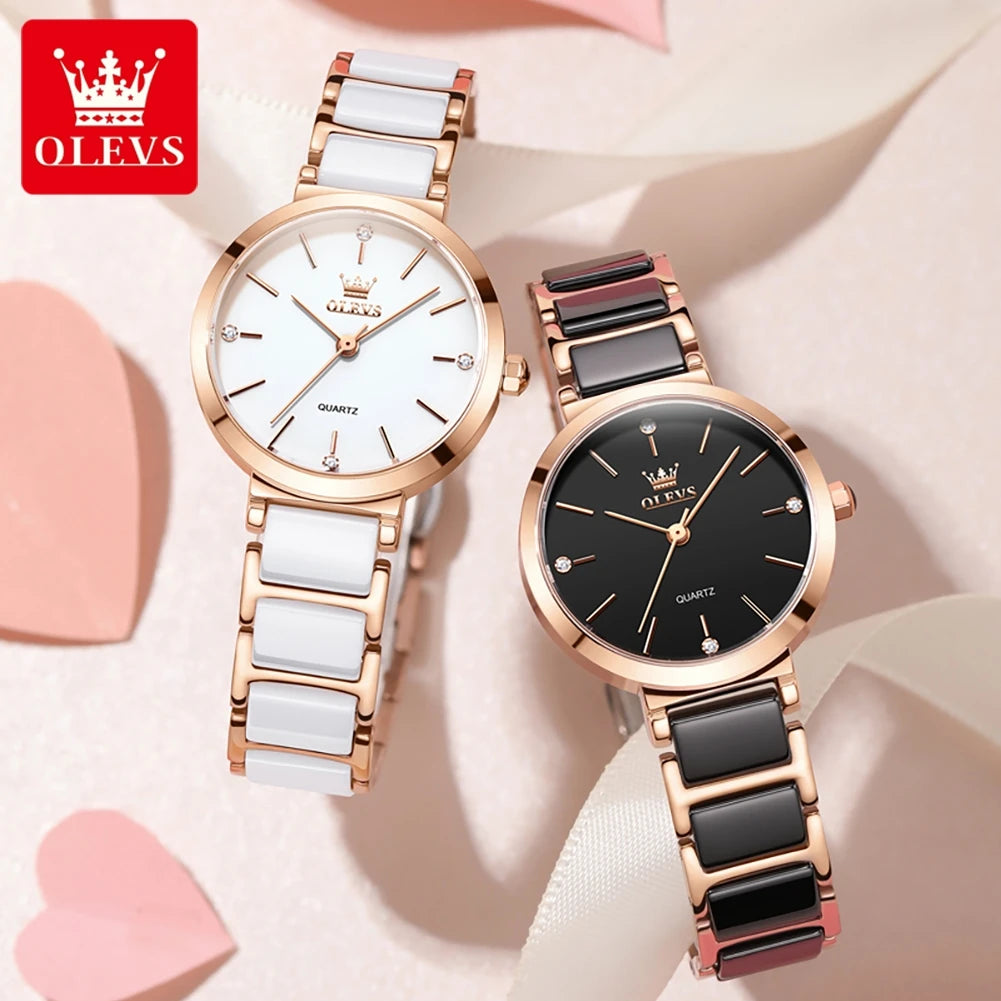 OLEVS Women Watch 5877 Luxury Elegant Quartz Watch Waterproof Luminous Ceramic Strap Ladies Watch Bracelet Set Gift Box Reloj