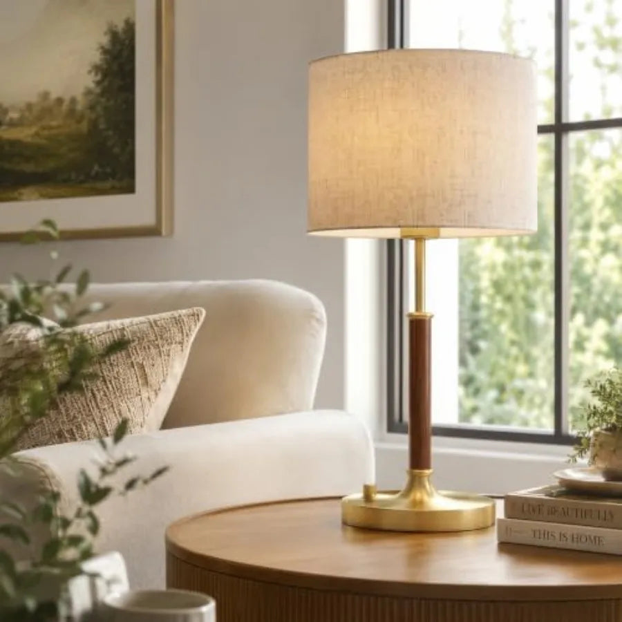 Table Lamp for Bedroom, Bedside Table Lamp with Linen Fabric Shade, Wood and Gold Metal Base, Nightstand Table Lamp for Bedroom