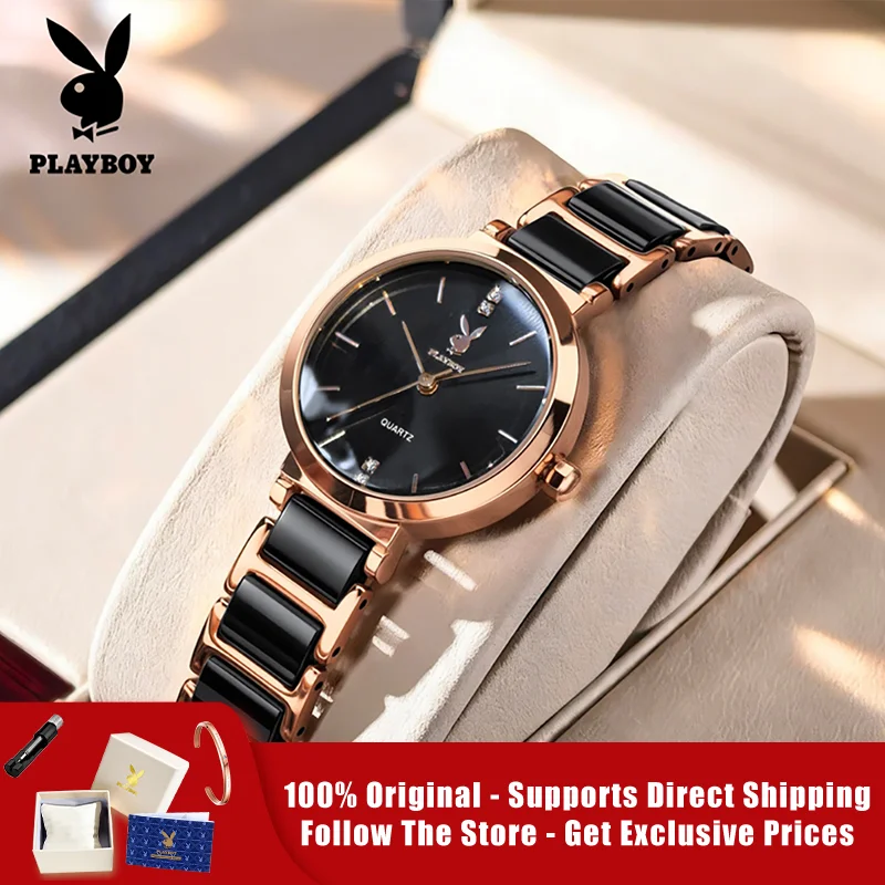PLAYBOY 3128 Brand original authentic watch for woman Gift Box Ceramic strap quartz women's watch