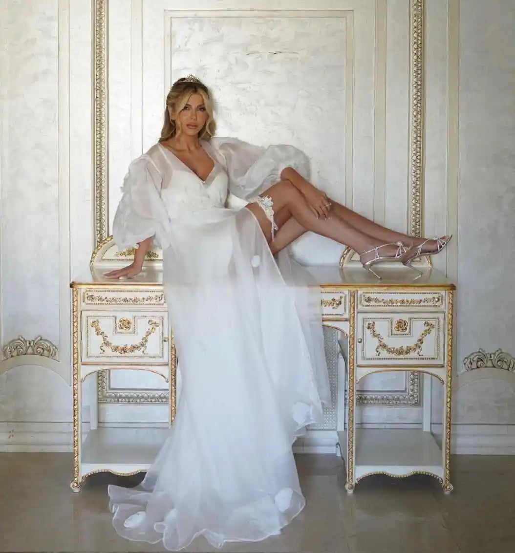White Bridal Dresses Sheer Tulle Robe Front Split Pregnancy Maternity Robe Customized Wedding Bride Boudoir Sleepwear Nightwear