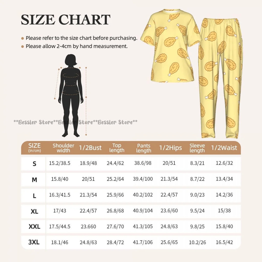 Women Pajama Sets Lounge Sleepwear Crispy Fried Chicken Pattern Short Sleeve Nightwear