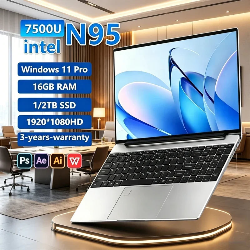 15.6 Inch N95 Laptop 120Hz FHD IPS Screen 7500mAh Battery 32GB 2TB SSD Backlit Keyboard Fingerprint Win11 Office Gaming Notebook