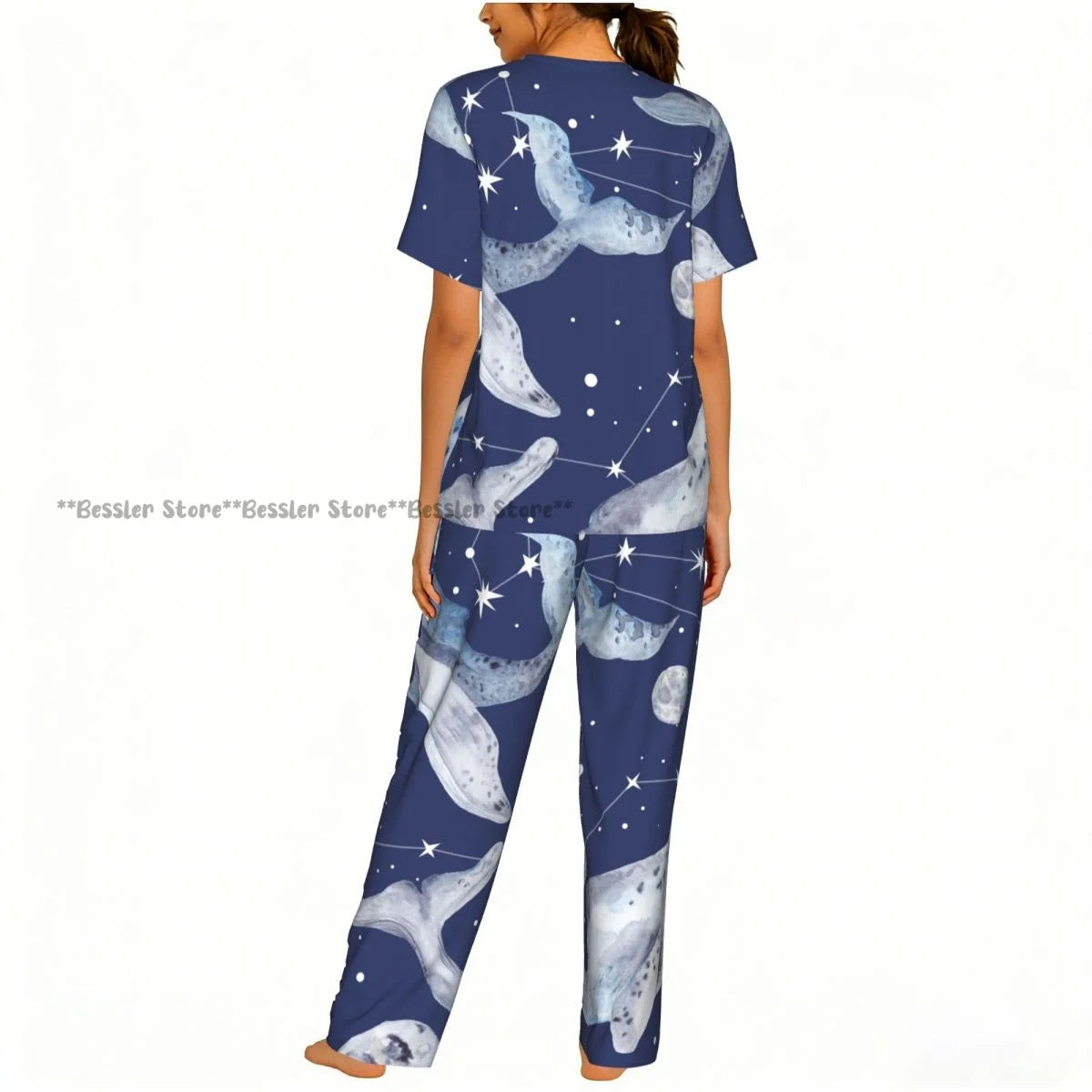 Women's Whales And Constellation Stars Watercolor short sleeve trousers casual pajamas set