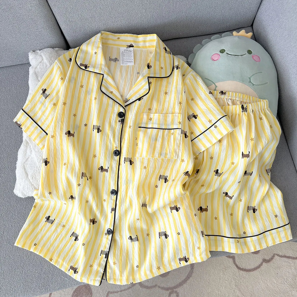 Women's Summer Pajamas, Thin Striped Puppy Pattern Short-Sleeved Shorts, Sweet and Cute, Can Be Worn Outside in Summer Home Wear