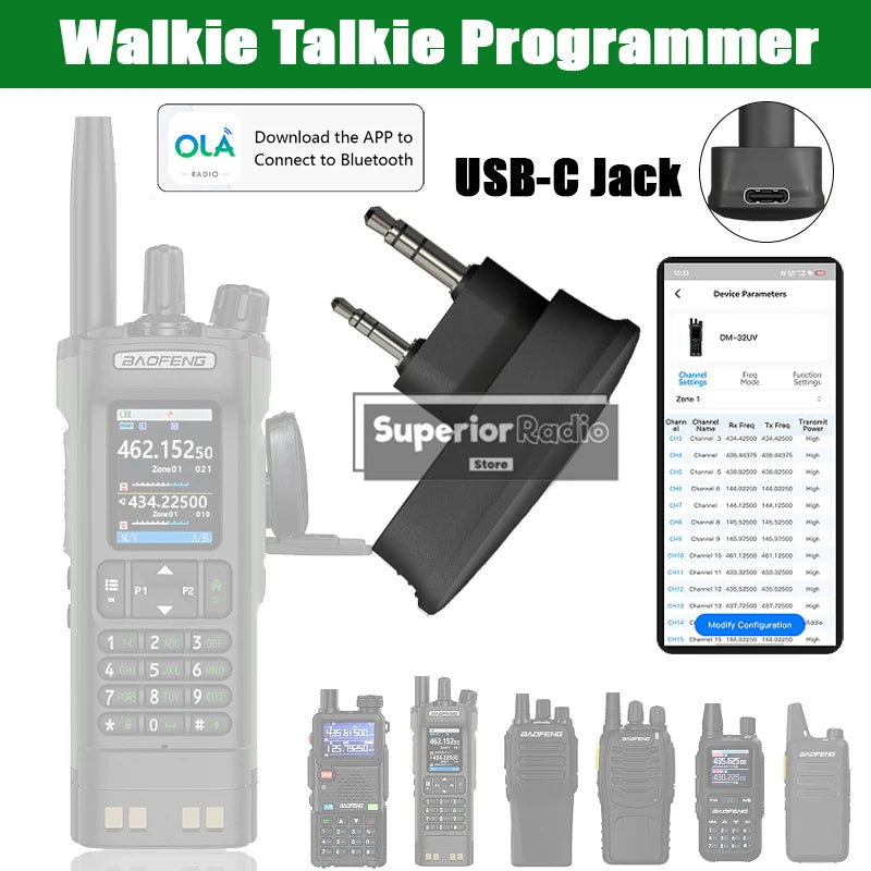 Walkie Talkie Bluetooth Wireless Programmer Plug & Play No Driver Issue Phone APP Programming for Baofeng DM-32 UV-5R BF-T20D