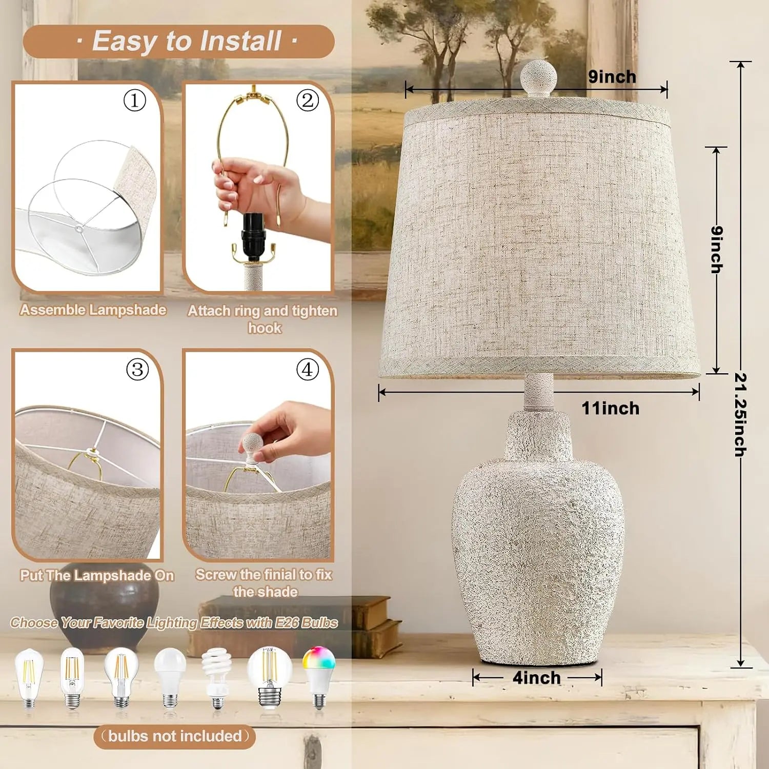 Set of 2 Farmhouse Table Lamps, 21" Rustic Jar-Shaped Bedside Lamps with Beige Linen Shade for Living Room, Bedroom, Nightstand